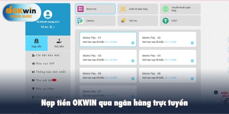 Nạp tiền OKWIN qua ngân hàng trực tuyến